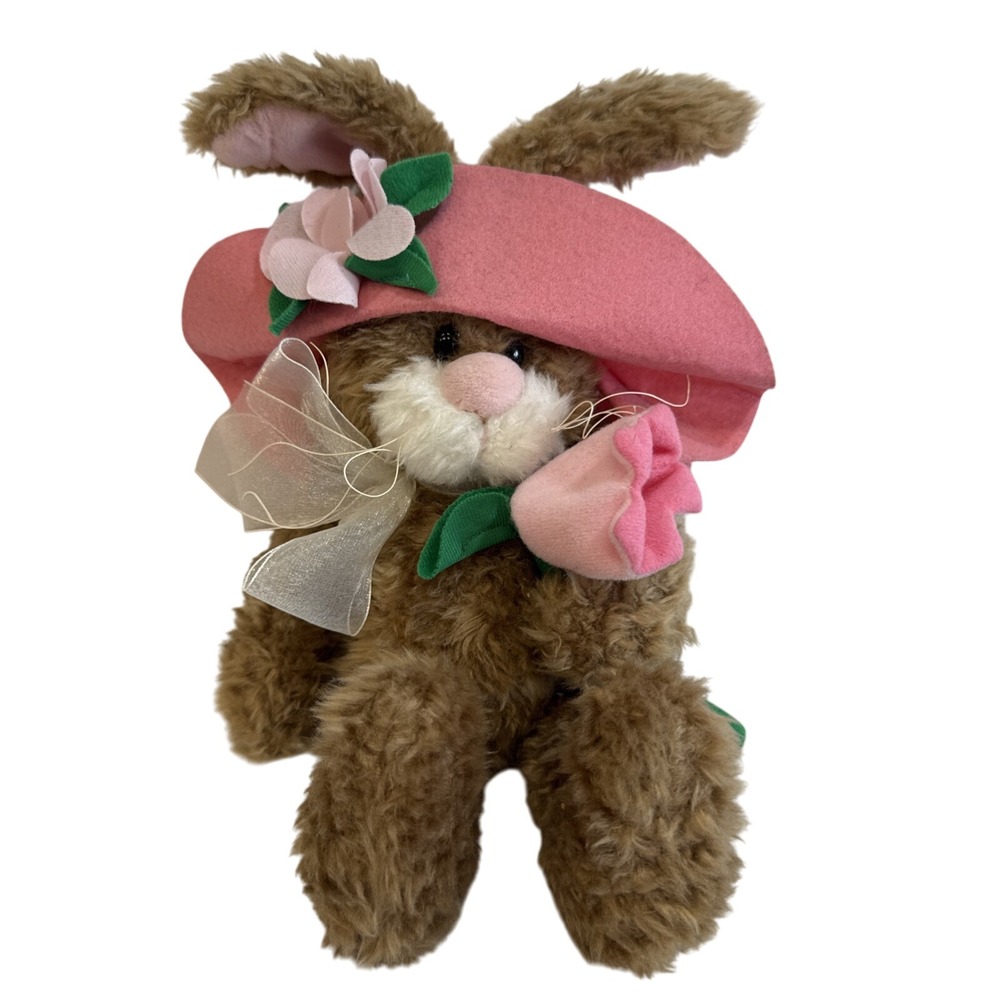 Bunny‎ Rabbit Plush Doll Wearing Hat and Rose Flower Decoration Spring Easter